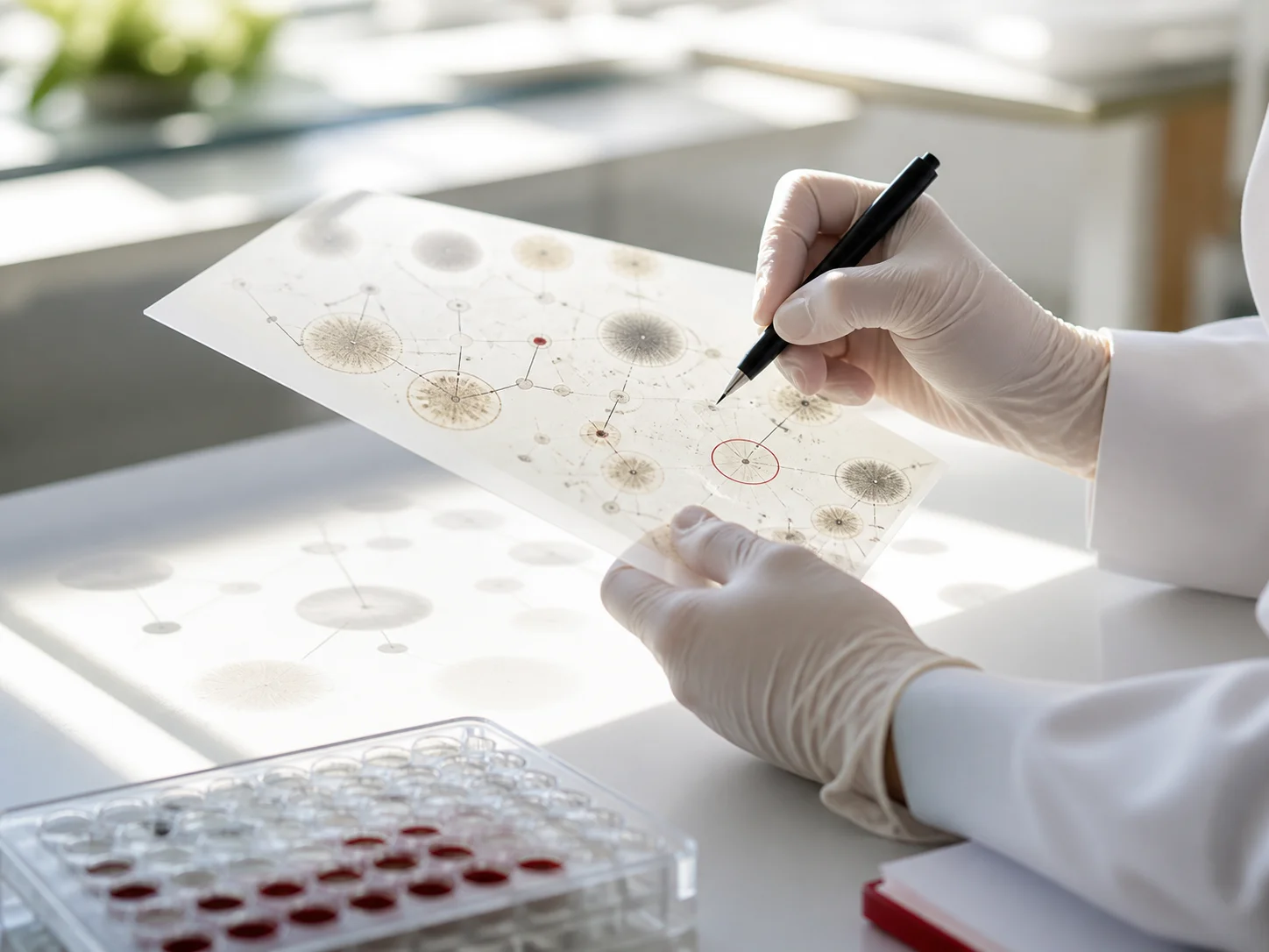 A researcher mapping microbial colony patterns and evidence relationships